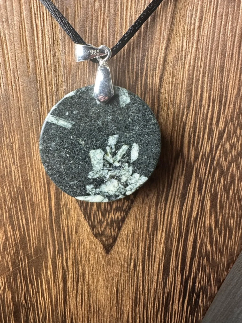 Round Chinese Writing Stone Pendant Necklace on Black Rope, Sterling Silver